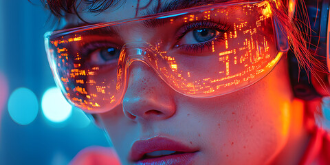 A detailed portrait of a young man wearing advanced tech, with AR glasses and a helmet projecting glowing data. The image conveys futuristic technology, merging human features with augmented reality.