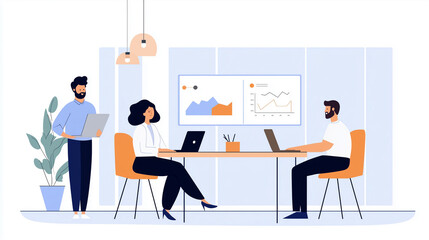 Sales Team Reviewing Quarterly Performance, Flat Design Illustration