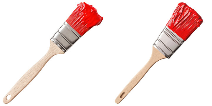 A red paintbrush with a wooden handle, featuring a thick bristle head coated in vibrant paint. - Powered by Adobe