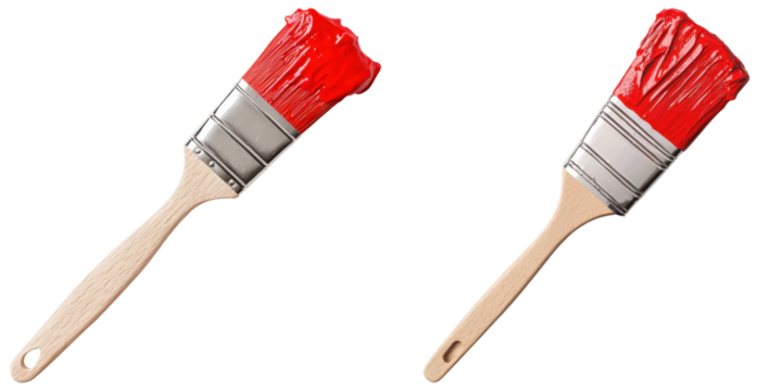 A red paintbrush with a wooden handle, featuring a thick bristle head coated in vibrant paint.
