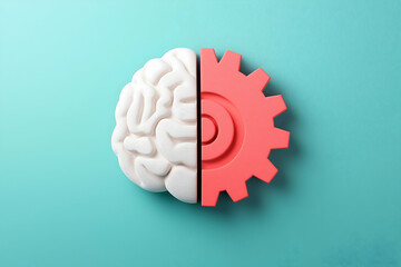 A creative illustration showing a brain split into two halves: one half is organic, while the other is represented by a red gear, symbolizing the blend of creativity and logic.