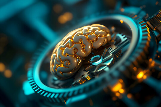 A futuristic, glowing brain is centered within intricate gears, symbolizing the intersection of technology and human intelligence.