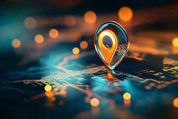 A glowing map pin sits atop a digital map, representing location tracking and navigation in a vibrant, tech-inspired landscape.