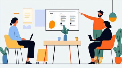 Startup Team Reviewing Pitch Deck, Flat Design Illustration