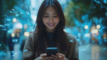 Young Woman Using Smartphone with Digital Overlay in Urban Setting