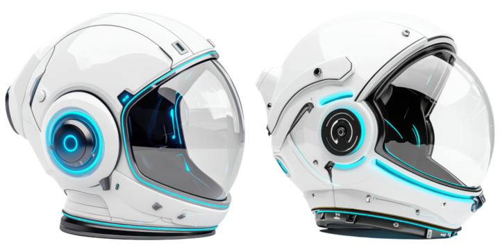 A futuristic white astronaut helmet featuring sleek designs and illuminated accents.