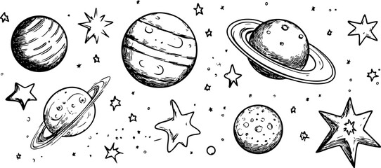 A whimsical illustration featuring various planets, stars, and celestial objects, perfect for educational or decorative purposes.