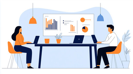 Team Analyzing Competitor Market Data, Flat Design Illustration