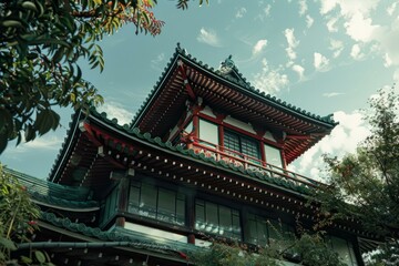 Traditional japanese temple standing tall, surrounded by lush greenery and a serene blue sky with fluffy white clouds