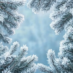 Winter Decoration with Frosted Pine Branches Framing Soft Blue Background in a Peaceful and Serene Winter Wonderland Setting