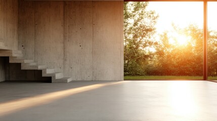 A minimalist concrete room with an impressive glass wall overlooks a peaceful garden, emphasizing simplicity and the beauty of natural illumination.