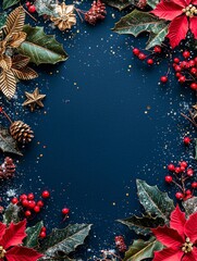 Elegant Christmas Border with Golden and Red Flora, Pine Cones, and Decorative Elements on Dark Background for Festive Art and Design Applications