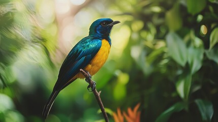 Obraz premium Vibrant Tropical Bird Perched Among Lush Green Foliage