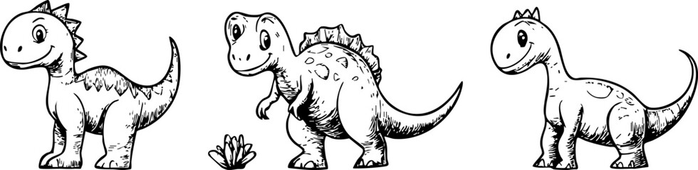 Obraz premium A playful cartoon illustration featuring four cute dinosaurs, perfect for children's books, toys, or educational materials.