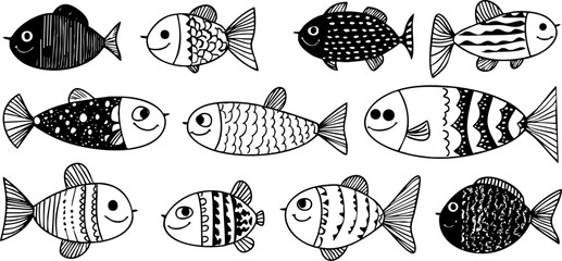 A playful black and white illustration of various cute cartoon fish, ideal for children's decor or marine-themed designs.