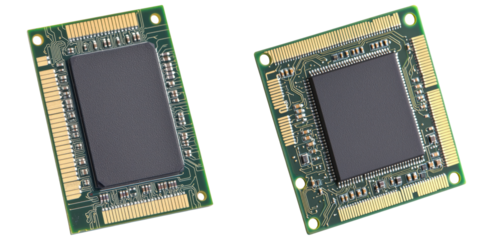 The image features two computer chips showcasing intricate circuitry and connection points.