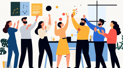 Team Celebrating Success in Modern Office, Flat Design Illustration