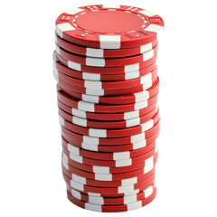 A stack of red poker chips with white accents, commonly used in casino games for betting and gaming.