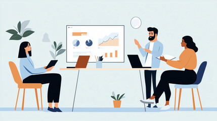 Team Conducting Data Analytics Training, Flat Design Illustration