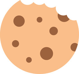Cartoon-style chocolate chip cookie with a bite taken out, round and light brown with dark brown chocolate chips
