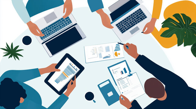 Team Collaboration with Digital Tools, Flat Design Illustration