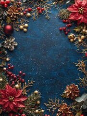 Elegant Christmas Floral Frame with Poinsettias and Pine Cones on Dark Blue Background, Perfect for Holiday Greetings and Seasonal Designs
