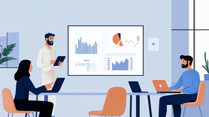 Team Conducting Data Analytics Training, Flat Design Illustration