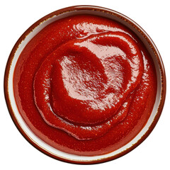 A rich, glossy red sauce in a round bowl, showcasing a smooth, thick texture.