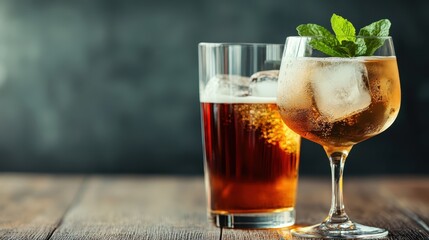 Two refreshing beverages on a rustic wooden table, with a dark ambiance. A tall glass and a wide glass adorned with mint leaves enhance visual appeal.