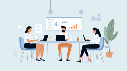 Team Reviewing Annual Financial Reports, Flat Design Illustration