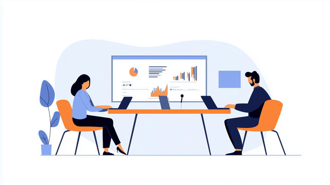 Team Reviewing Annual Financial Reports, Flat Design Illustration