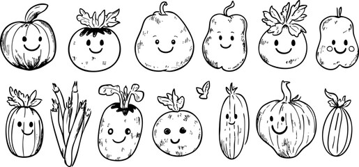 A playful illustration of smiling fruits and vegetables, featuring various characters that evoke joy and a sense of fun.