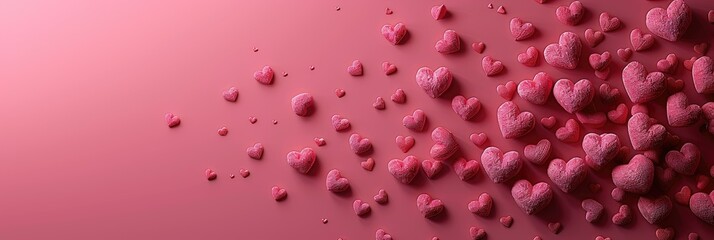A collection of pink hearts scattered on a soft pink background, symbolizing love and affection.