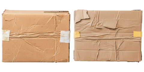 Two cardboard boxes, one in good condition and the other wrinkled and damaged, showcasing wear and tear.