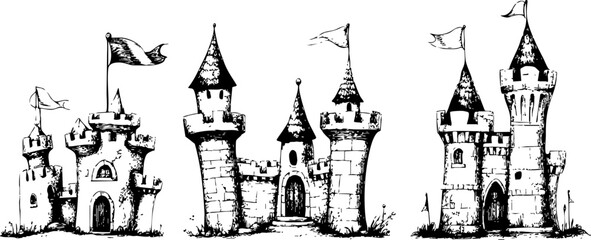 A collection of hand-drawn medieval castles with flags, showcasing various architectural styles and intricate details.