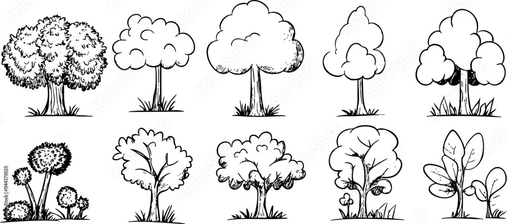 Poster a collection of hand-drawn tree illustrations showcasing various tree types ideal for nature-themed 