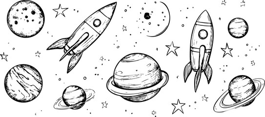 A whimsical black and white illustration depicting rockets, planets, and stars, perfect for children’s space-themed projects.