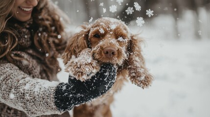 Woman and Dog Enjoying Snowy Winter Day Together in Nature