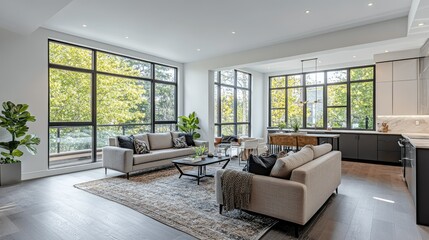Luxurious open-concept living space with dark parquet floors, stylish furniture, and floor-to-ceiling windows