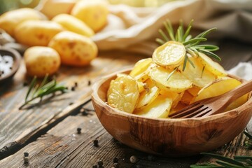 Tasty deep fried potato slices with organic fork in ceramic bowl on wooden table in sunlight