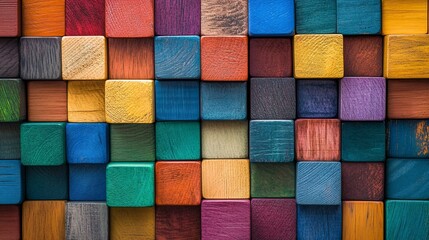 Colorful wooden blocks arranged in a vibrant mosaic pattern.