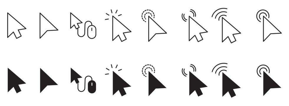 Mouse click cursor set. Click icon. Mouse pointer set. Arrow cursor. Vector illustration.