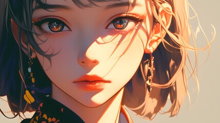 Fototapeta premium Young anime girl with expressive eyes, illustrated in a captivating portrait with delicate details.