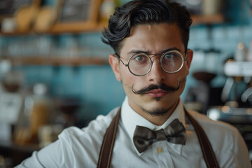 Fototapeta premium Retro Stylish Barista with Bow Tie in Vintage Cafe Setting Generative AI Image