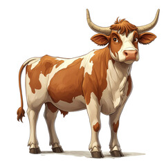 Cartoon illustration of a brown and white bull.