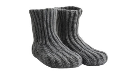 A Pair of Cozy Knitted Socks in Grey on a White Background Perfect for Home Comfort and Winter Fashion.