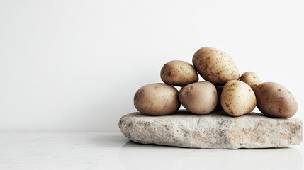Fototapeta premium Multiple washed organic potatoes stacked in a casual pile, their earthy tones contrasting against the white background
