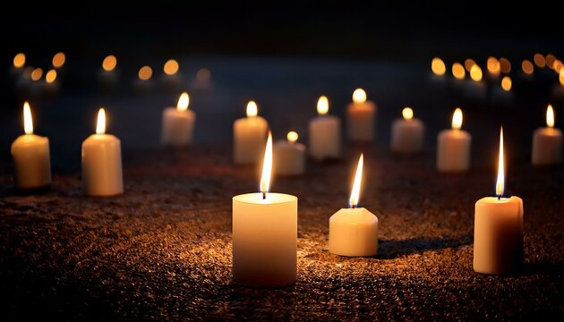 A candlelight vigil for someone that passed away; people holding candlelights at a vigil to pay respect to a loved one; candles on the ground or floor to mourn the dead; candle photography; in memory