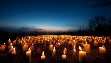 A candlelight vigil for someone that passed away; people holding candlelights at a vigil to pay respect to a loved one; candles on the ground or floor to mourn the dead; candle photography; in memory