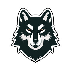 Monochrome wolf head logo with piercing yellow eyes and tribal details.